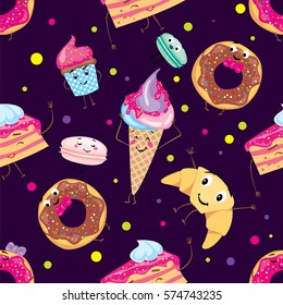 Set of cute desserts. Donuts, muffins, pasta, coffee, tea, cup, cake, ice creams and a croissant. Smiling sweets. Characters.