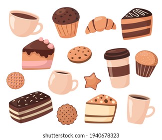 Set of cute desserts isolated on white background. Collection of delicious sweets in a cartoon style. Vector illustration of coffee and pastries. Cake, muffin, cookies, croissants
