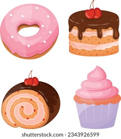 conjunto de postres bonitos. Pastel rosa, donut, pastel y rollo de cerezo. guinda en el pastel. Ilustraciones aisladas de vectores
