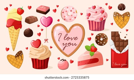 A set of cute desserts and sweets for Valentine's Day. Vector.	