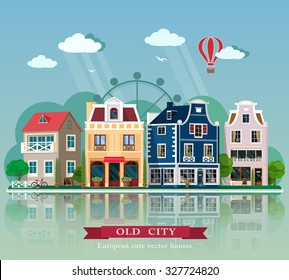 Set of cute detailed vector old city houses. European retro style building facades. Flat vector illustration.