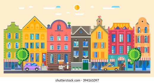 Set of cute detailed vector old city houses. European retro style building facades. Flat vector illustration.