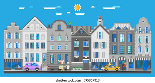 Conjunto de preciosas casas vectoriales viejas de la ciudad. fachadas de construcción de estilo retro europeo. Ilustración vectorial plana.