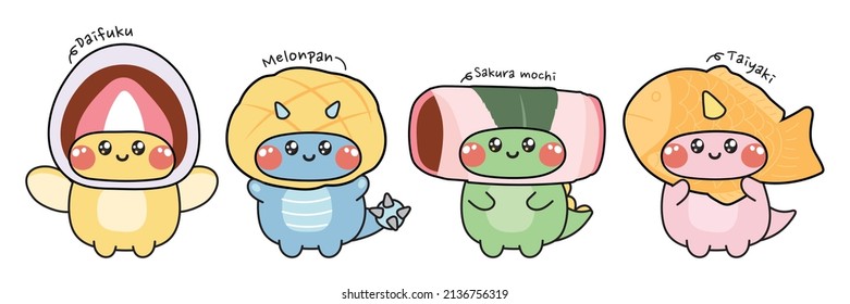 Set of cute dianosaur in japanese dessert costume.Daifuku,melonpan,sakura mochi,taiyaki hand drawn.Animals character design cartoon collection.Kawaii.Vector.Illustration.