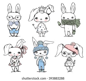 Set of cute different bunnies doodle vector template.