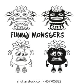 Set of Cute Different Cartoon Characters, Monsters, Elements for your Design, Prints and Banners, Black Contour and Silhouette. Vector