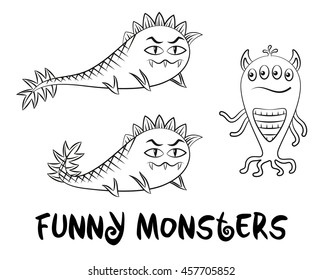 Set of Cute Different Cartoon Characters, Monsters, Elements for your Design, Prints and Banners, Black Contour Isolated on White Background. Vector