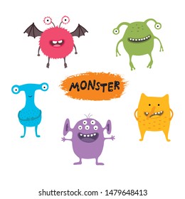 Set of cute different cartoon monsters, elements for your design, prints and banners. Monster colorful collection. Happy Halloween. White background. Flat design.