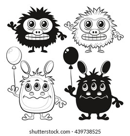 Set of Cute Different Cartoon Monsters, Black Contour and Silhouette Characters with Toy Balloon, Elements for your Design, Prints and Banners, Isolated on White Background. Vector