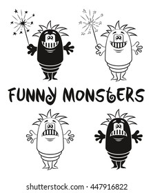 Set of Cute Different Cartoon Monsters, Black Contour and Silhouette Characters with Sparklers, Elements for your Design, Prints and Banners, Isolated on White Background. Vector