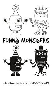 Set of Cute Different Cartoon Monsters with a Drink, Characters in Holiday Caps, Elements for your Design, Prints and Banners, Black Contour and Silhouette. Vector