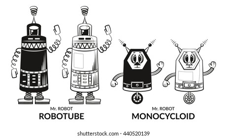 Set of Cute Different Cartoon Robots, Black Contour and Silhouette Characters, Elements for your Design, Prints and Banners, Isolated on White Background. Vector