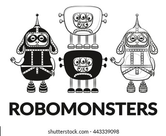 Set of Cute Different Cartoon Robots, Black Contour and Silhouette Characters, Elements for your Design, Prints and Banners, Isolated on White Background. Vector