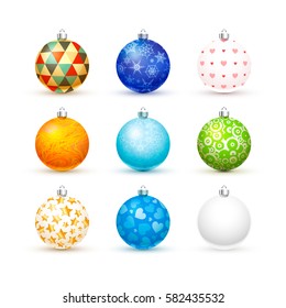 Set of cute different colourful realistic christmas balls isolated on white