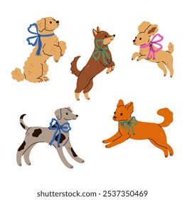 Set of cute different dogs with bows on their necks. Vector graphics.