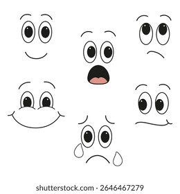 Conjunto de emojis diferentes bonitos. Olhos e boca. Feliz, chorando, assustado, sorrindo, entediado. Ilustração vetorial de desenhos animados para entretenimento infantil, adesivos, personagem.
