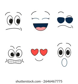 Conjunto de emojis diferentes bonitos. Olhos e boca para os rostos dos personagens. Rindo, amor, com raiva, surpreso, cara. Ilustração vetorial de desenhos animados para entretenimento infantil, adesivos, impressão.