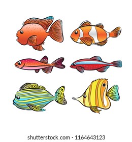 set of cute different fishes