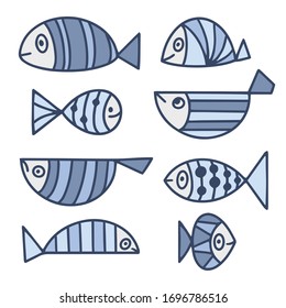 Conjunto de peces lindos y diferentes. Simple ilustración vectorial de estilo plano. Diseño decorativo para ilustraciones de vida marina, tarjetas, carteles, etc. 