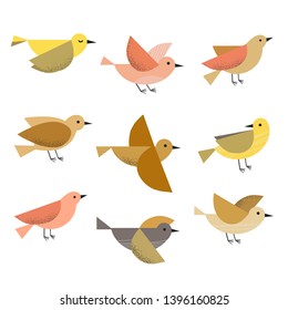 Set of cute different flying birds icons. Vector illustration