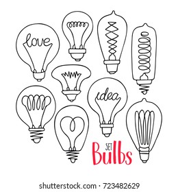 set of cute different light bulbs. hand-drawn illustration