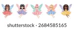 Set of cute different multicultural fairy girl  with wings and a magic wand flies in the sky on white background. Poster, Banner, Flyer, Greeting Card. Vector illustration in flat cartoon style