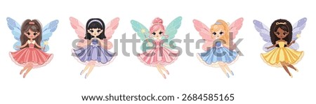 Set of cute different multicultural fairy girl  with wings and a magic wand flies in the sky on white background. Poster, Banner, Flyer, Greeting Card. Vector illustration in flat cartoon style
