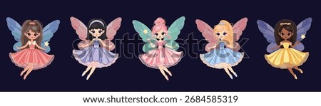 Set of cute different multicultural fairy girl  with wings and a magic wand on black background. Poster, Banner, Flyer, Greeting Card. Vector illustration in flat cartoon style