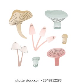 Set of cute different mushrooms. Wild forest mushroom is painted in watercolor. Hand drawn vector illustration for textile, postcard, banner, sticker or background.