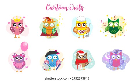 Set of cute different owls. Cartoon children's characters. Vector illustration