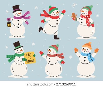 Conjunto de muñecos de nieve lindos diferentes en ropa de invierno con bufandas, sombreros y mitones. Ilustración de invierno en estilo plano con copos de nieve. Perfecto para tarjetas de vacaciones, carteles, pegatinas, papel de regalo.