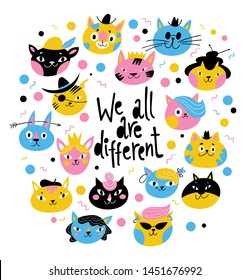 Set of cute different vector characters of cats and kittens with motivational text. 