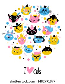Set of cute different vector characters of cats and kittens with I love you text.