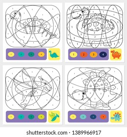 Set of cute dino coloring page for kids. Printable design coloring book. Coloring puzzle with numbers of color. Black and white draw with color example.