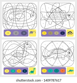 Set of cute dino coloring page for kids. Printable design coloring book. Coloring puzzle with numbers of color. Black and white draw with color example.