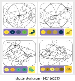 Set of cute dino coloring page for kids. Printable design coloring book. Coloring puzzle with numbers of color. Black and white draw with color example.