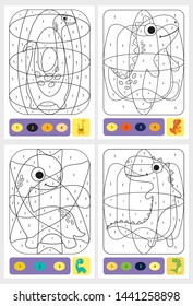 Set of cute dino coloring page for kids. Printable design coloring book. Coloring puzzle with numbers of color. Black and white draw with color example.