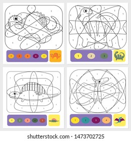 Set of cute dino coloring page for kids. Printable design coloring book. Coloring puzzle with numbers of color. Black and white draw with color example.