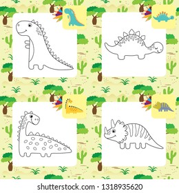 Set of cute dino coloring pages. Vector illustration.