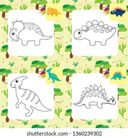 Set of cute dino coloring pages. Vector illustration.