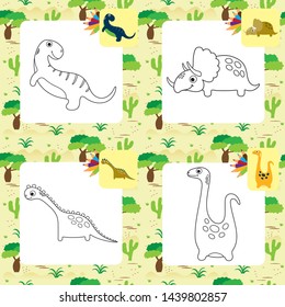Set of cute dino coloring pages. Vector illustration.