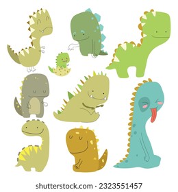 Set of cute dino in green colors with various emotion. Vector illustration.