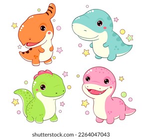 Set of cute dino in kawaii style. Collection of smiling cartoon dinosaurios - tyrannosaurus, saurolophus, diplodocus, velociraptor. Vector illustration EPS 8