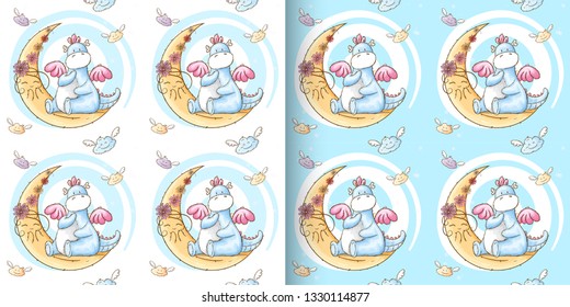 Set. Cute Dino pattern set. Little Dino pattern. Seamless Pattern animal cartoon-vector