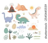 Set with cute dino and plants. Cute animals, plants, eggs kids set with dinosaurs.