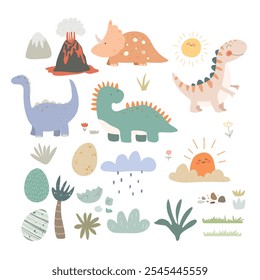 Set with cute dino and plants. Cute animals, plants, eggs kids set with dinosaurs.