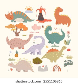 Situado com dino bonito, plantas, frutas, vulcão, arco-íris, sol. Ilustração infantil, conjunto com animais de desenho animado e natureza. Ilustração vetorial. 
