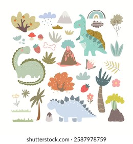 Set with cute dino, plants, fruits, volcano, rainbows. Hand drawn animals.