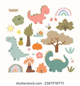 Set with cute dino, plants, fruits, volcano, rainbows, sun. Kids illustration, set with cartoon animals and nature. Vector illustration.	
