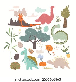 Set with cute dino and plants. Cute hand drawn animals, plants, eggs, volcano , bamboo kids set with dinosaurs.